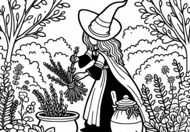 Hexe pflückt Kräuter in verwunschenem Garten: Ausmalbild zum Download (Kostenlos)