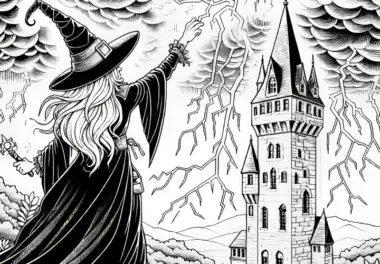 Hexe zaubert Blitze und Sturm über hohen Turm: Detailreiche Malvorlage (Gratis)