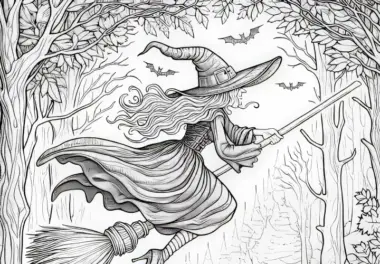 Hexe fliegt auf Besen durch den düsteren Wald: Ausmalbild zum Download (Kostenlos)