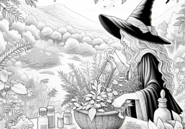 Hexe pflückt Kräuter in verwunschenem Garten: Ausmalbild zum Download (Gratis)