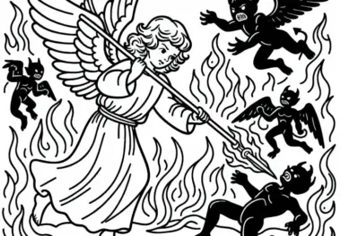 Engel kämpft mit flammendem Speer gegen dunkle Kreaturen: Malvorlage zum Download (Gratis)