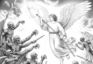 Engel kämpft flammendem Speer gegen dunkle Kreaturen als Ausmalbild (Gratis)