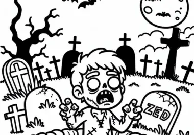 Zombie erhebt sich aus dem Grab auf einem düsteren Friedhof: Kostenloses Ausmalbild