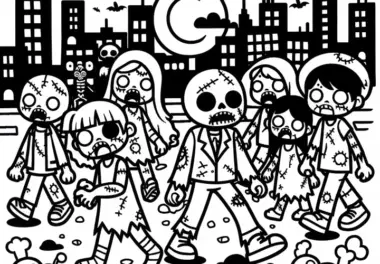 Zombies marschieren durch eine verlassene Stadt bei Nacht: Gratis Malvorlage
