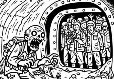 Zombie greift Gruppe Überlebender in Schutzbunker an: Malvorlage zum Download (Kostenlos)