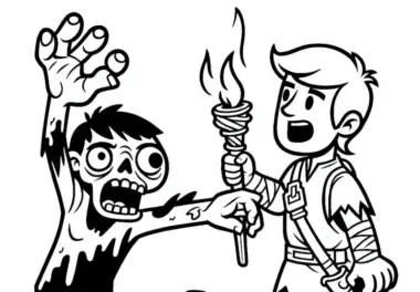 Zombie greift Helden an, der sich mit Fackel verteidigt: Malvorlage zum Download (Gratis)