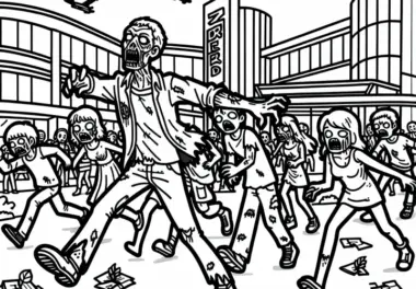Zombie greift Gruppe von Überlebenden in Einkaufszentrum an: Ausmalbild zum Herunterladen (Gratis)