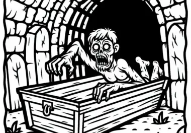 Zombie kriecht aus offenem Sarg in verlassener Krypta: Kostenloses Ausmalbild