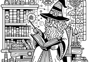 Zauberer liest in altem Zauberbuch in seiner mystischen Bibliothek: Ausmalbild zum Herunterladen (Kostenlos)