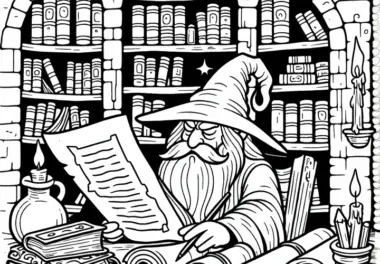 Zauberer studiert alte Schriftrollen in verstaubter Bibliothek: Kostenloses Ausmalbild