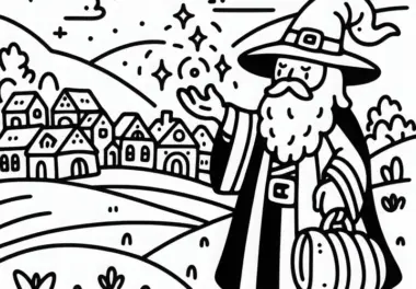 Zauberer wirft Schutzzauber über kleines Dorf: Einfaches Ausmalbild (Kostenlos)
