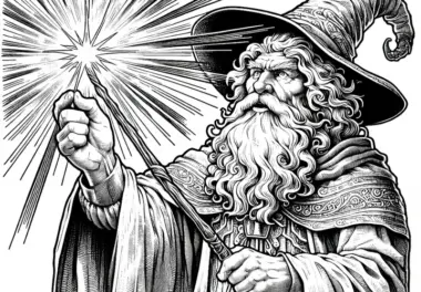 Zauberer hält leuchtenden Zauberstab und entfesselt Magie als Malvorlage (Gratis)