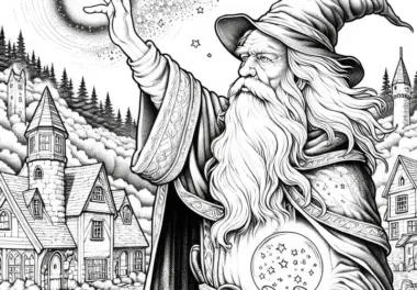 Zauberer wirft Schutzzauber über kleines Dorf: Malvorlage zum Download (Gratis)