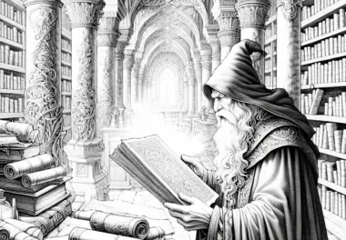 Zauberer studiert alte Schriftrollen in verstaubter Bibliothek: Malvorlage in hoher Qualität (Kostenlos)