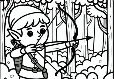 Elf schießt mit dem Bogen im dichten Wald: Einfache Malvorlage (Gratis)