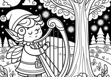 Elf spielt Harfe unter einem leuchtenden Baum: Gratis Malvorlage