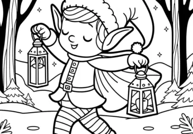Elf tanzt mit Laternen in den Händen auf einer Waldlichtung: Ausmalbild zum Download (Kostenlos)