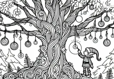 Elf schmückt alten Baum mit leuchtenden magischen Ornamenten: Malvorlage zum Download (Kostenlos)