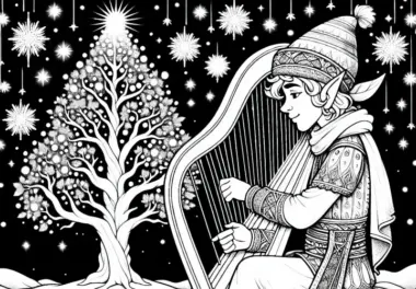Elf spielt Harfe vor einem leuchtenden Baum: Malvorlage zum Herunterladen (Kostenlos)