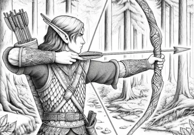 Elf schießt mit Bogen im dichten Wald: Detailreiche Malvorlage (Gratis)