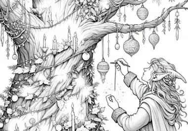 Elf schmückt alten Baum mit leuchtenden, magischen Ornamenten: Ausmalbild zum Herunterladen (Gratis)