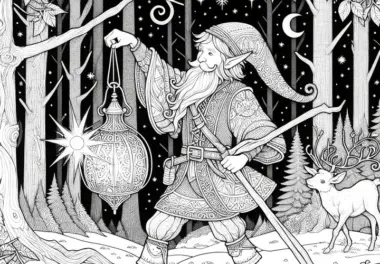 Elf tanzt mit Laterne auf Waldlichtung als Malvorlage (Kostenlos)