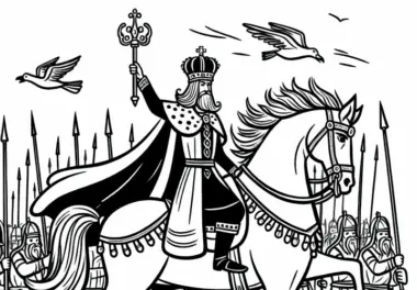 König führt Volk in die Schlacht und reitet auf mächtigem Pferd: Malvorlage zum Download (Gratis)