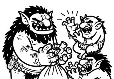 Troll streitet mit anderen Trollen um Sack voller Beute: Gratis Ausmalbild
