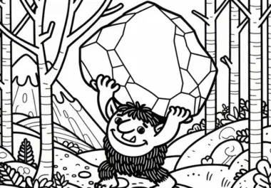 Troll hebt großen Felsen, um einen Weg zu blockieren: Ausmalbild zum Herunterladen (Kostenlos)