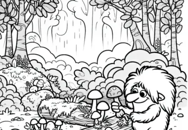 Troll sammelt Moos und Pilze in nebligem Wald: Ausmalbild zum Download (Kostenlos)