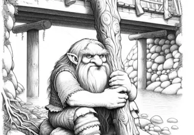 Troll sitzt unter der Brücke und hält einen großen Holzstamm als Malvorlage (Kostenlos)