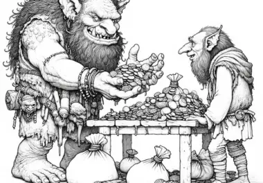 Troll streitet mit anderem Troll um Sack voller Beute: Ausmalbild zum Herunterladen (Gratis)