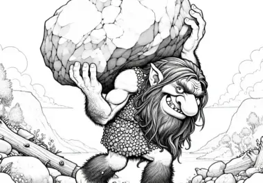 Troll hebt einen großen Felsen: Detailreiche Malvorlage (Kostenlos)