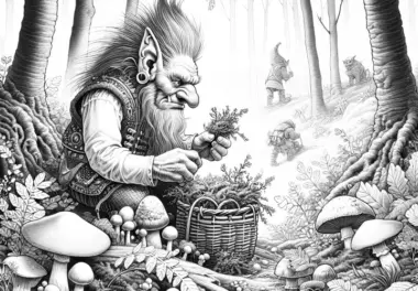 Troll sammelt Moos und Pilze in nebligem Wald als Malvorlage (Gratis)
