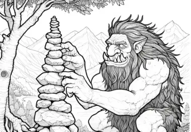 Troll baut einen Steinhaufen als Denkmal für seine Stärke: Malvorlage zum Herunterladen (Gratis)