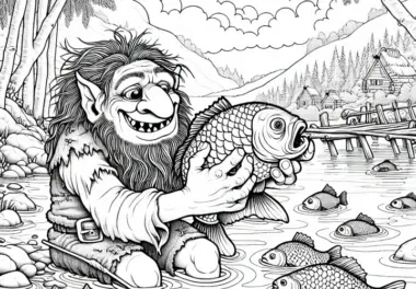 Troll spielt mit großem Fisch: Detaillierte Malvorlage (Kostenlos)