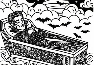 Vampir ruht in Sarg mit verzierten Gravuren: Einfache Malvorlage (Gratis)