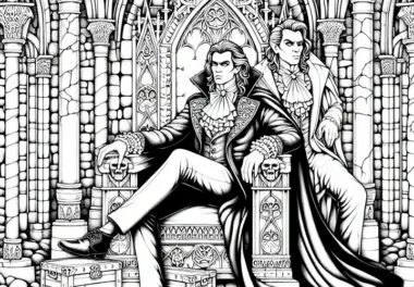Vampire sitzen auf Thron in gotischer Gruft: Ausmalbild zum Download (Gratis)