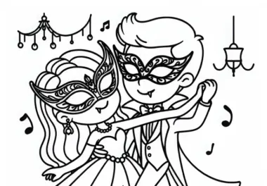 Vampir tanzt elegant mit Vampirin auf Maskenball: Kostenloses Ausmalbild