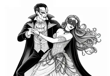 Vampir tanzt elegant mit Partnerin auf Maskenball als Ausmalbild (Gratis)