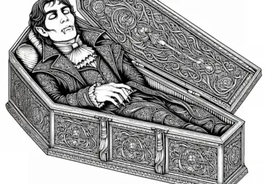 Vampir ruht in Sarg mit verzierten Gravuren: Detailreiche Malvorlage (Gratis)