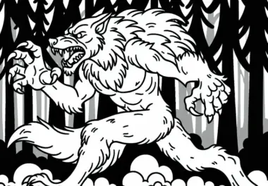Werwolf jagt durch nebligen Wald mit scharfen Krallen: Ausmalbild zum Download (Kostenlos)