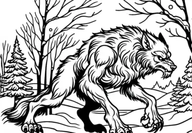 Werwolf durchstreift verschneite Landschaft mit geduckter Haltung: Ausmalbild zum Download (Gratis)