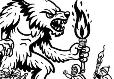 Werwolf verteidigt Rudel gegen Jäger mit Fackeln: Ausmalbild zum Herunterladen (Kostenlos)