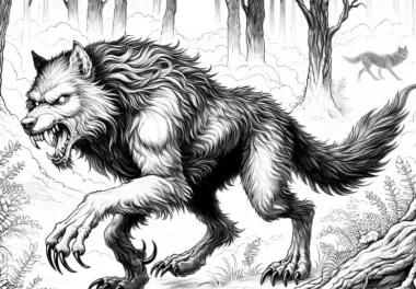 Werwolf jagt mit scharfen Krallen durch nebligen Wald: Gratis Ausmalbild