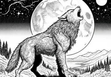 Werwolf steht auf Hügel und heult den Mond an: Ausmalbild zum Herunterladen (Kostenlos)