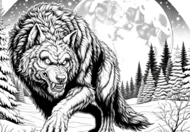 Werwolf durchstreift verschneite Landschaft mit geduckter Haltung: Detailreiches Ausmalbild (Gratis)