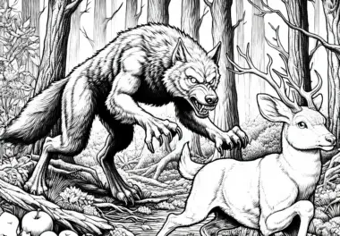 Werwolf jagt Wildtier durch dunklen Wald: Detaillierte Malvorlage (Kostenlos)