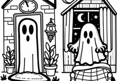 Geist erscheint in Spukhaus: Einfache Malvorlage (Gratis)