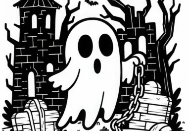 Geist schwebt vor verfallenem Schloss mit Ketten in der Hand: Einfache Malvorlage (Kostenlos)